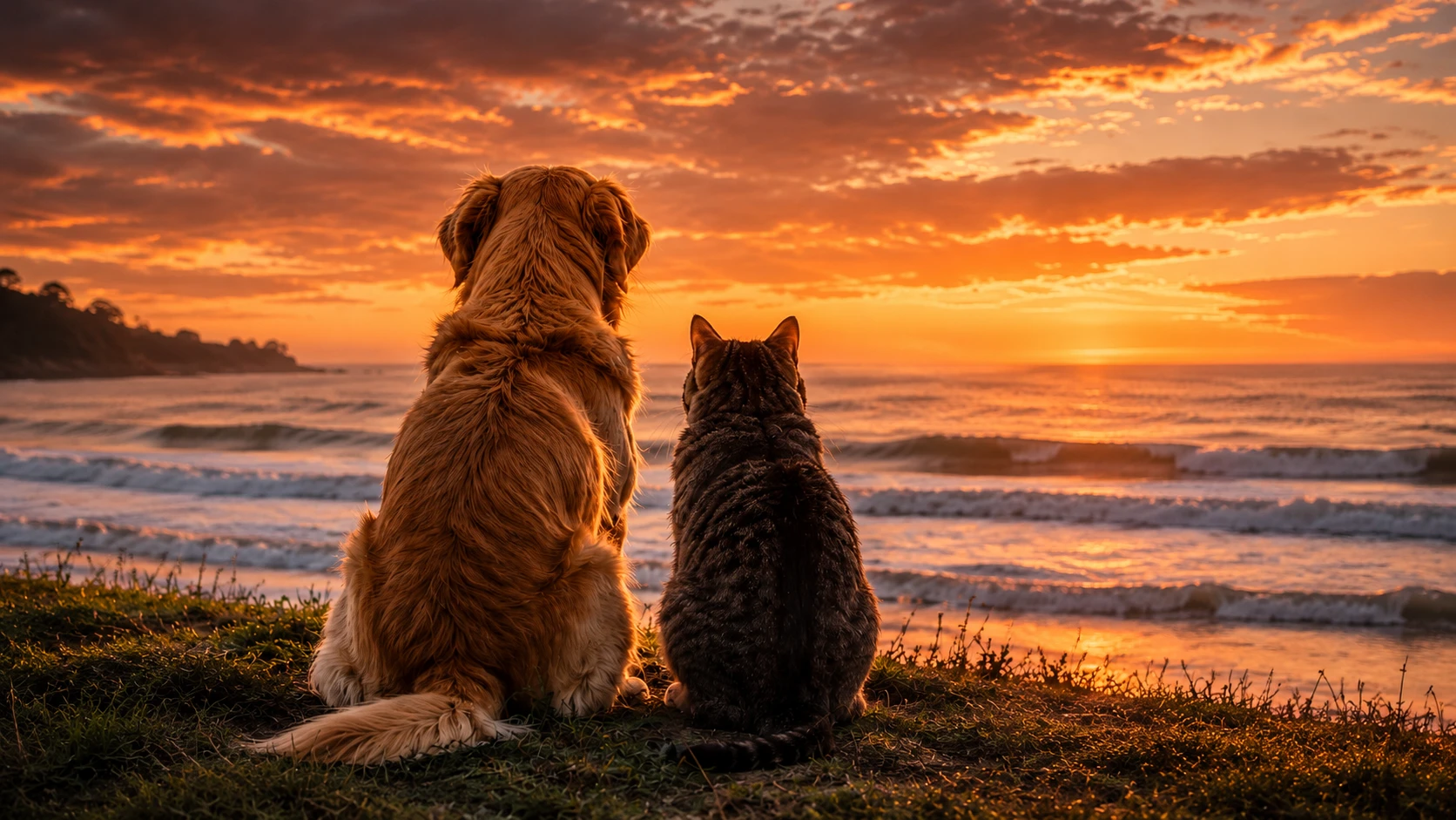 A dog and cat together overlooking the ocean at sunset