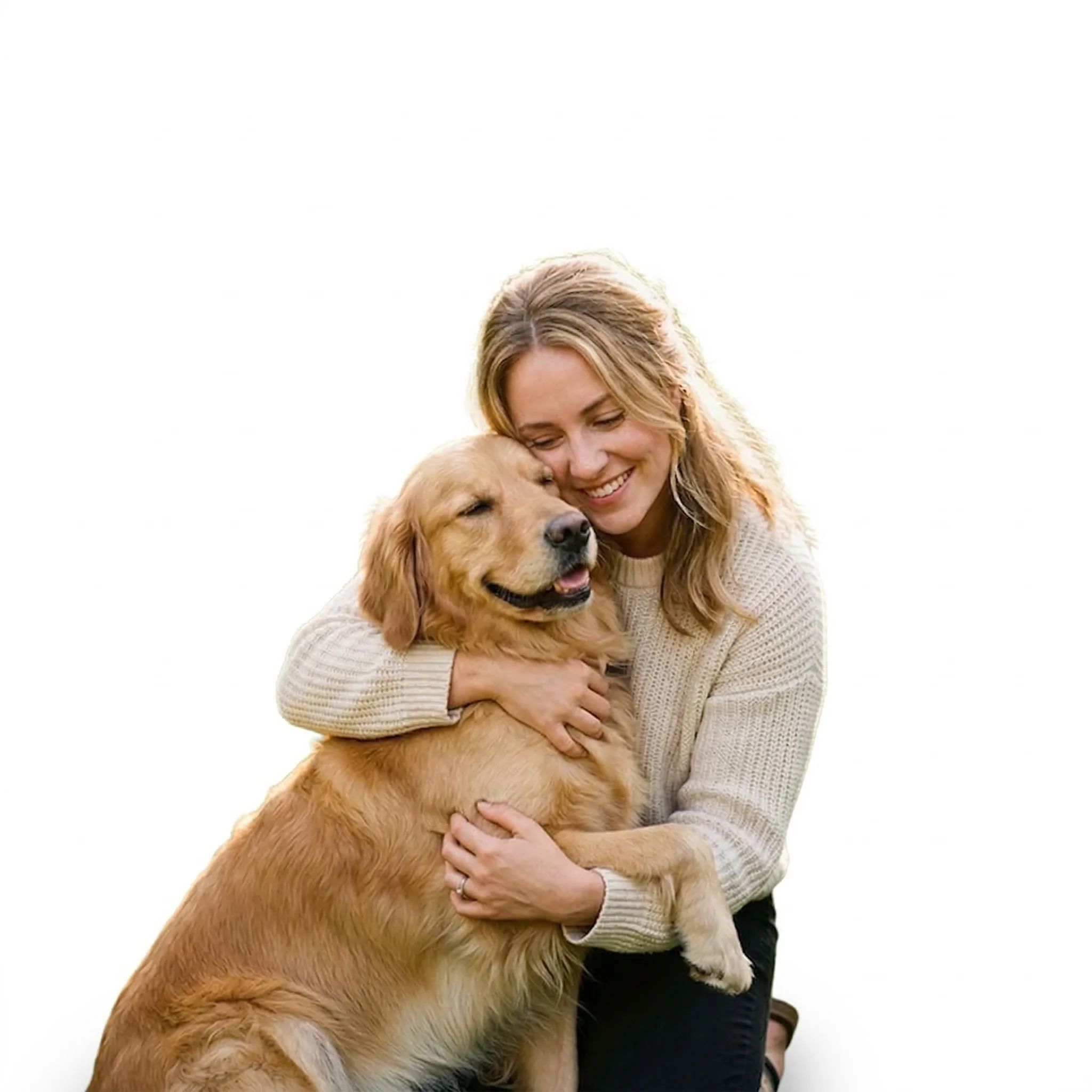 A person lovingly embracing their dog